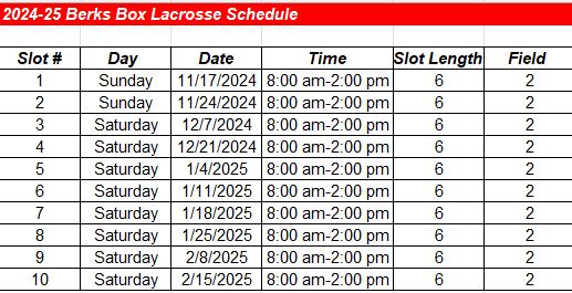 2024-25 Berks Box Field Schedule 2024-25 Berks Box Field Schedule